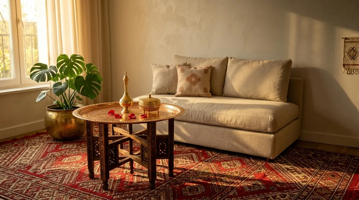 Salon décoré avec l'artisanat algérien authentique — tapis berbères et vaisselle en cuivre