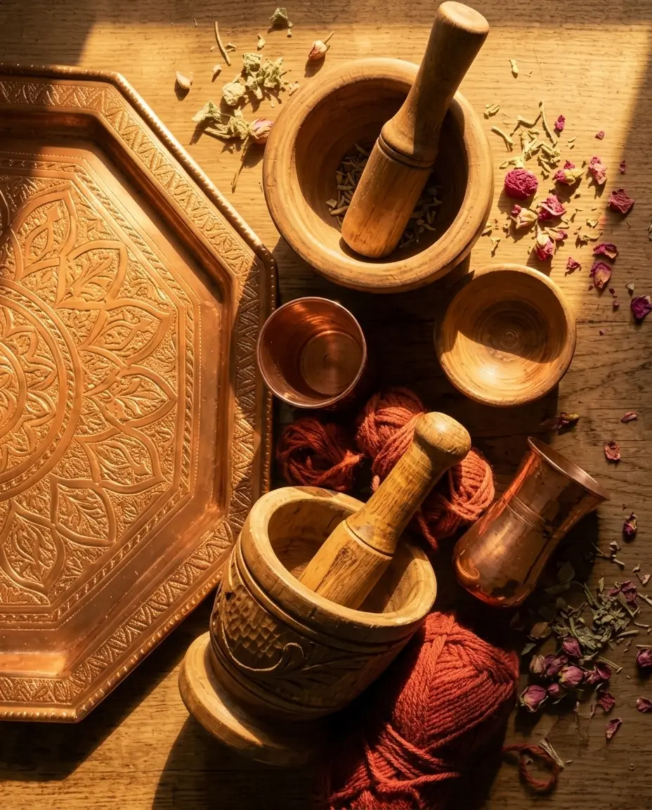 Plateau en cuivre ciselé, mortier en bois et objets artisanaux algériens
